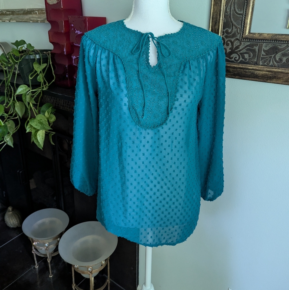 Matilda Jane Wmns XS Charisma Top Sheer Swiss Dot Teal Eyelet Peasant Blouse 118